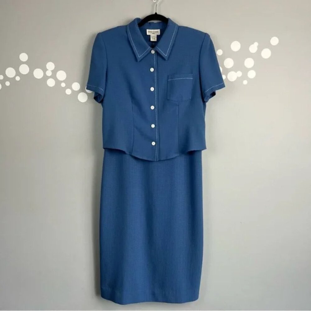 Vintage Miss Dorby Blue Sheath Dress Cropped Jacket Set Size 12 80s Retro Career